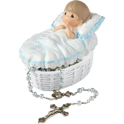 Precious Moments Baptism Gift, Boy's Resin Rosary Box with Hand-Painted Details, Perfect Keepsake, 153409