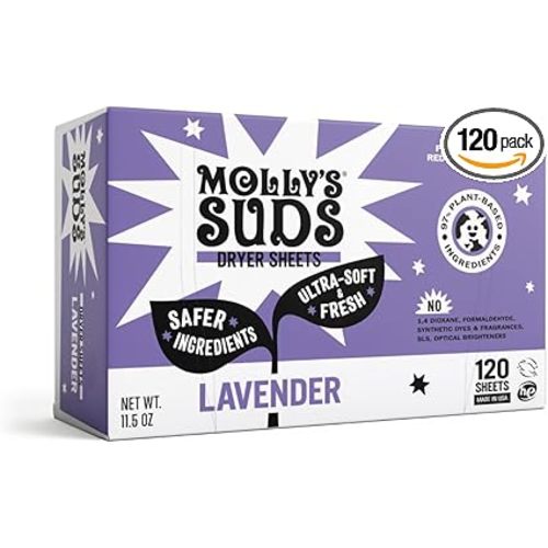 Molly's Suds Fabric Softener Dryer Sheets for Sensitive Skin | Plant-Based Static Reducer, Plastic-Free Packaging | Lavender (120 Sheets)