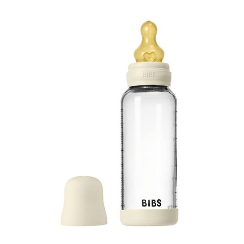 Bibs Glass Baby Bottle with Latex Nipple - 8 fl oz - Ivory: Level 2 - Medium Flow, BPA-Free, Rubber Latex