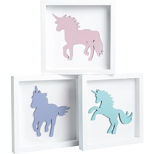 Tide and Tales Unicorn Wall Decor (Set of 3) 3D Framed Unicorn Bedroom Decor for Girls, Pastel Girls Room Decorations, White Wood Nursery Decorations Wall Art, Gift-Boxed