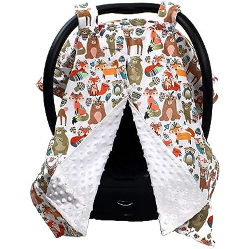 Dear Baby Gear Deluxe Baby Car Seat Canopy Cover, Tribal Woodland Forest Animals, Dot, White