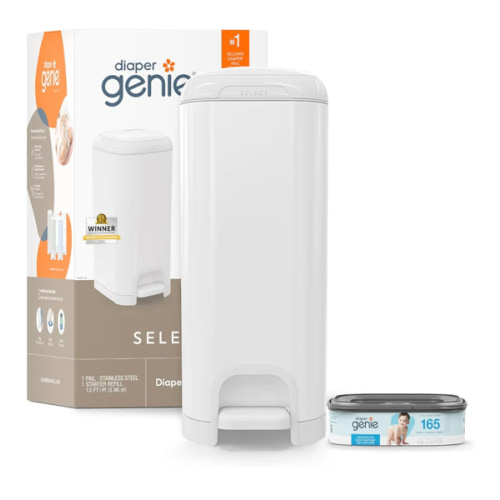 Diaper Genie Select Pail is Made of Durable Stainless Steel and Includes 1 Starter Square Refill That can Hold up to 165 Newborn-Sized Diapers.