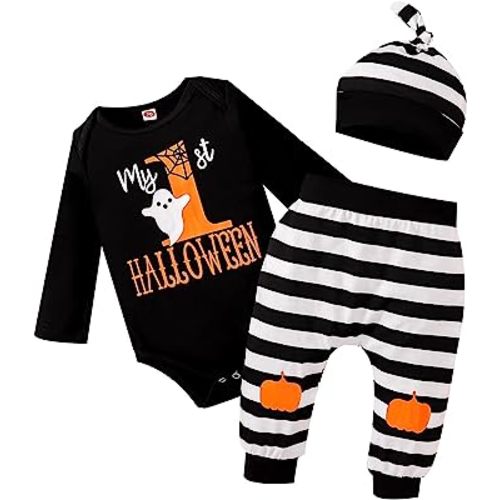 My First Halloween Baby Boy Outfits Newborn Clothes Infant Black Romper Pumpkin Pants Hat 3Pcs 0-18 Months