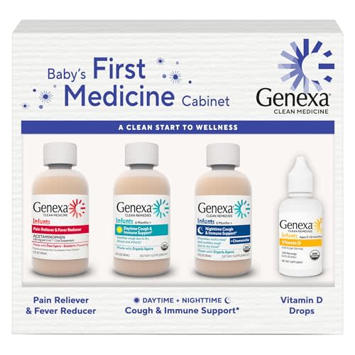 Genexa Babys First Medicine Cabinet, 4-Pack Gift Set Infant Pain Relief & Fever Reducer, Organic Baby Cough Syrup and Vitamin D 400 IU, Dye-Free Baby Health Essentials for Infants & Toddlers