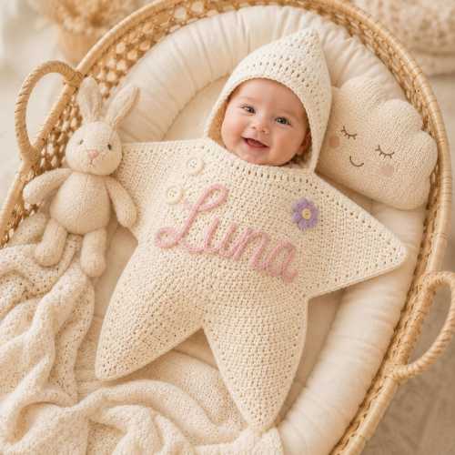 Personalized Crochet Starfish Baby Bodysuit, Custom Name Star Baby Outfit, Handmade Star Baby Romper, Newborn Photo Prop, Baby Shower Gift