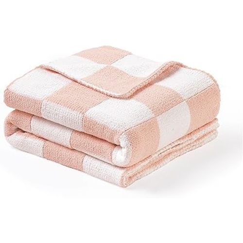 CREVENT 30"X40" Cozy Soft Warm Chenille Baby Blanket for Girls Boys, Newborn Essentials for Infant, Baby Shower Receiving Gift - Checked Pink 75X100cm