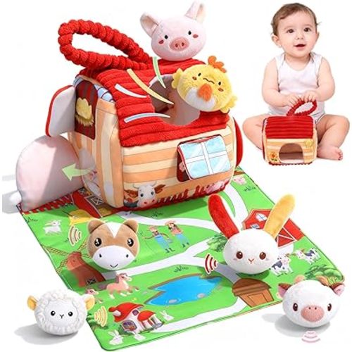 Baby Toys for 6-12 Months, Barn Stuffed Farm Animals with Sounds & Ring, Plush Animals Toys Have Mirror Montessori Educational Toys Sensory for Developmental for Infants & Toddler Toy Gift