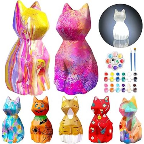 Goodyking Paint Your Own Cat Lamp Kit, 2pcs DIY Cat Crafts Night Light, Arts & Crafts for Kids Ages 8-12, Painting Kit for Girls Boys Age 4 5 6 7 8+, Art Supplies Creative Gift for Birthday, Party