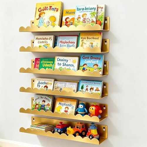 6 Pack Floating Shelves for Wall, 16 Inch Gold Book Shelves Wall Mounted Metal Floating Shelf for Kids Room, Bedroom, Bathroom, Playroom Decor