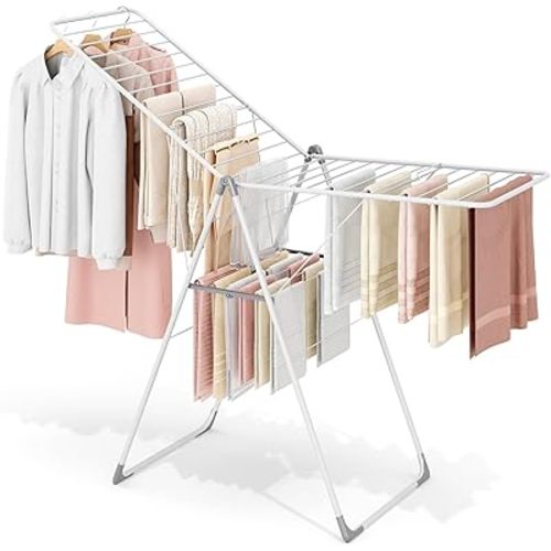 APEXCHASER Clothes Drying Rack, Foldable Drying Rack Clothing, Sturdy Metal Laundry Drying Rack, Height-Adjustable Gullwing, Easy to Fold, Space-Saving, for Indoor Outdoor, White