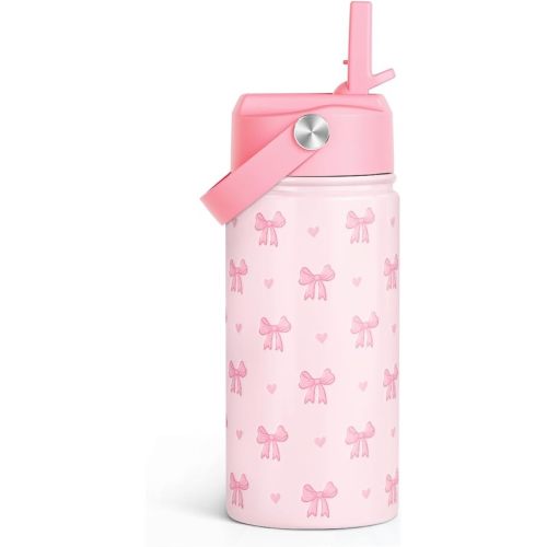 Bow Kids Water Bottle With Straw Lid 12oz Insulated Stainless Steel, Travel Tumbler, Pink Bow Gifts For Girls, Birthday, Christmas, Back To School