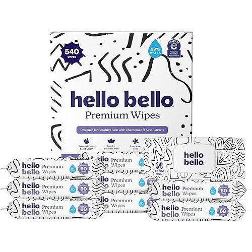 Hello Bello Premium Wipes, Designed for Sensitive Skin with Chamomile & Aloe Extracts, Playful Sketches (9 Resealable Packets = 540 Total Wipes)