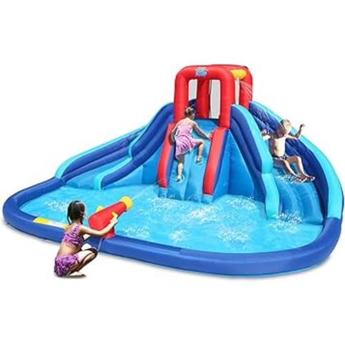 Action Air Water Slide, Inflatable Waterslide with Large Pool, Blue Bounce House with Double Slide and Climbing Wall