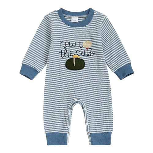 Gaono Newborn Baby Girl Boy Romper Jumpsuit Waffle Knit Striped Long Sleeve Mallard Duck Bodysuit Neutral Fall Clothes