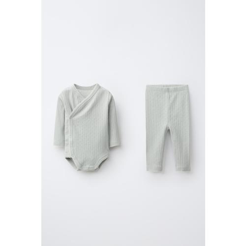 CONTRAST STITCH POINTELLE WRAP BODYSUIT AND LEGGINGS SET - Sea green | ZARA United States