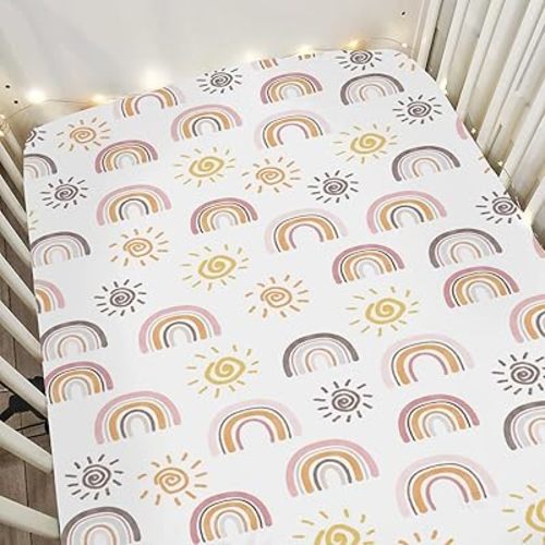 Boho Rainbow Sun Baby Crib Sheets for Boy Girl 52x28Inch Summer Sunshine Soft Stretchy Fitted Crib Mattress Covers Rainbow Lovers Gift Nursery Baby Sheet for Standard Crib and Toddler Bed Mattresses