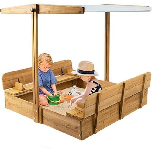 Kids Sand Box with Cover,Outdoor Wood SandBoxes with Lid,Outdoor Sand Box for Kids Aged 2-8 -Waterproof and Sun Protection and Adjustable Height Canopy,Safety Rounded Edges, 2 Foldable Bench Seats