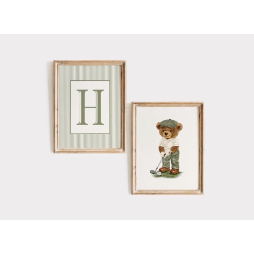Personalised Vintage Teddy Bear Golf Set of 2 Prints: Green Nursery Decor (Digital or Unframed Option Available)