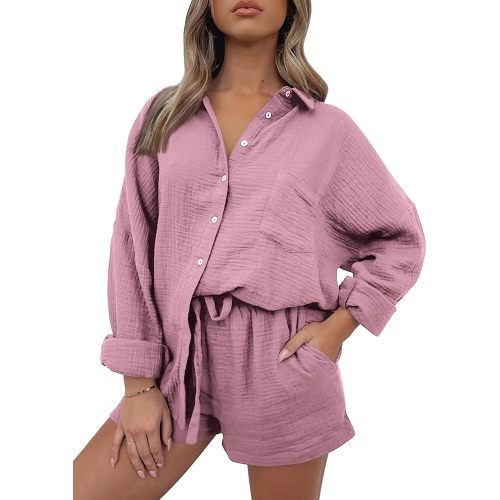 AUTOMET 2 Piece Outfits For Women Lounge Sets Pajama Sets Long Sleeve Button Down Oversized Shirts And Shorts Fall Tracksuit