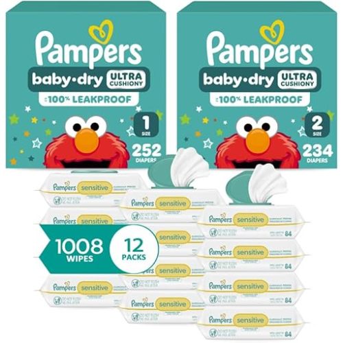 Pampers Baby Dry Disposable Baby Diapers Starter Kit (2 Month Supply), Sizes 1 (252 Count) & 2 (234 Count), with Sensitive Water Based Baby Wipes 12X Multi Pack Pop-Top and Refill (1008 Count)