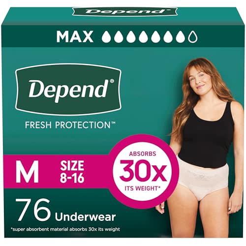 Depend Fresh Protection Adult Diapers, Incontinence & Postpartum Bladder Leak Underwear for Women, Disposable, Maximum, Medium, Blush, 76 Count (2 Packs of 38), Packaging May Vary