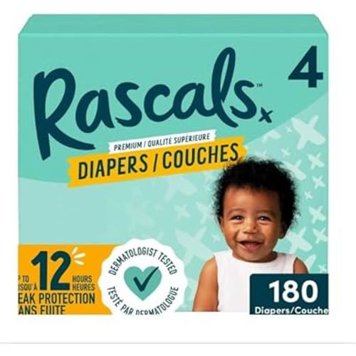 Rascals Premium Baby Diapers Size 4 (180 Count) Mega Carton – Ultra Soft, Hypoallergenic, Leak-Proof & Fast-Dry Protection for Sensitive Skin