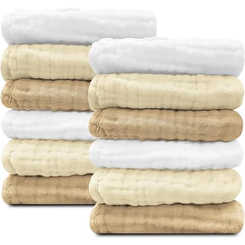 Sunny zzzZZ Baby Muslin Washcloths -100% Cotton Muslin Soft Baby Bath Wash Cloths and Absorbent Burp Cloths for Newborns Kids Girls and Boys -12 Pack, 12x12 Inches - White+Ivory+Brown