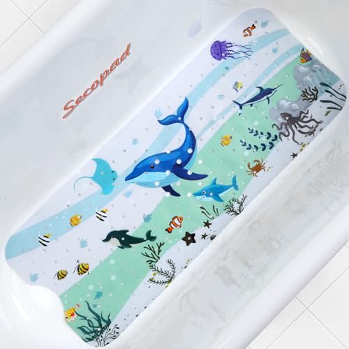 Secopad Bath Mat for Tub Non Slip, Machine Washable Anti-Slip Cartoon Baby Bathtub Shower Mat with Drain Holes and Suction Cups for Toddler & Kids (40 Inch x 16 Inch-Rectangular, Blue Dolphine)