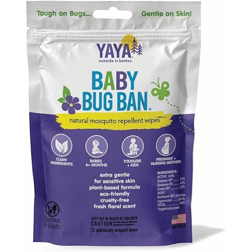 YAYA ORGANICS Baby Bug BAN Insect Repellent Wipes – All-Natural, DEET-Free, Non-Toxic, for Babies, Kids, Pregnant and Nursing Moms and Sensitive Skin (12 Count, Pack of 1)