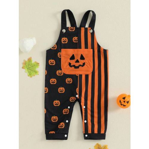 Baby Halloween Overall Jumpsuit Pumpkin Print Striped Square Neck Sleeveless Romper For Fall | SHEIN USA
