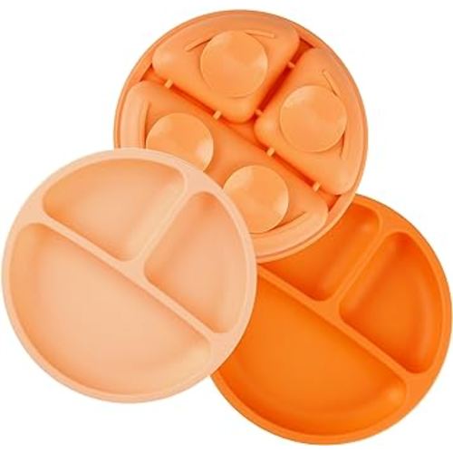 PandaEar 3 Pack Toddler Plates, Silicone Divided Suction Plate for Babies, BPA-Free 100% Food-Grade Silicone Unbreakable Baby Plate (Orange)