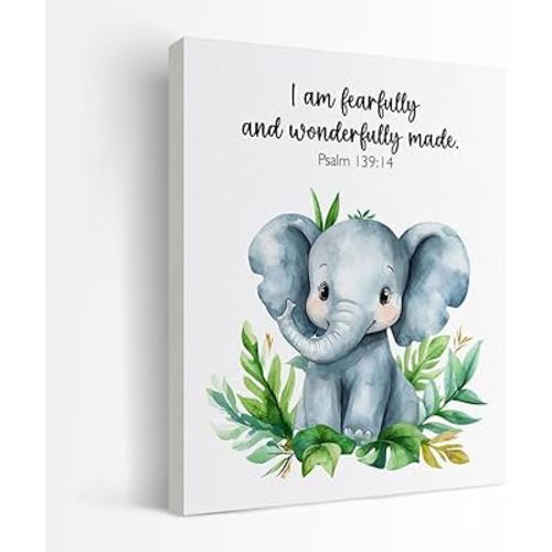 SZERE Woodland Nursery Animals Bible Verse Canvas Wall Art Decor Prints Posters, Cute Baby Elephant Forest Nursery Room Bedroom Bathroom Playroom Wall Art Decor for Nursery Kids Teen Girls Gifts, Christian Psalm 91 Wall Art Classroom Wall Decor, Canvas Fr