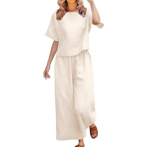 Nantdog Womens 2 Piece Outfits Summer Cotton Linen Casual Matching Sets Loose Fit Short Sleeve Gauze Tops and Wide Leg Pants