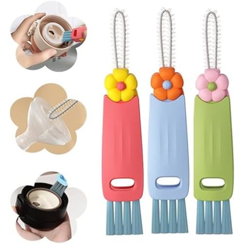 Moonboat 3 in 1 Cup Lid Cleaning Brush, 2024 New Portable Crevice Cleaning Brush Set for Baby Bottle Gap Tight Spaces Cup, Rotatable Cup Lid Cleaner Cup Mouth Scrubber, A-3 Pcs