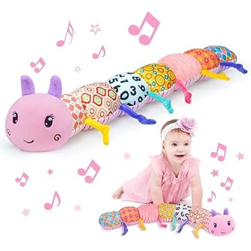 Baby Infant Musical Toy Soft Stuffed Animal Toy with Multi Textures,Rattle,Crinkle,Newborn Baby Toy for 0 3 6 9 12 Months Girls Boy Gift,Caterpillar，Pink