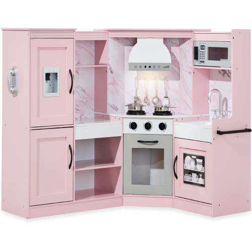 Best Choice Products Pretend Play Corner Kitchen, Interactive Wooden Kids Set w/ Lights & Sounds - Pink