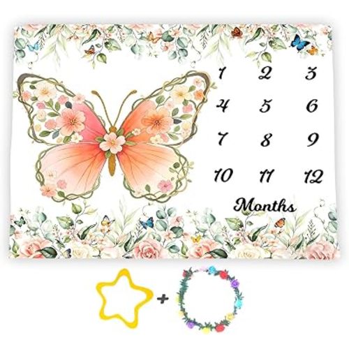 Butterfly Theme Baby Monthly Milestone Blanket 48x40in, Flower Orange Butterfly Spring Tropical Eucalyptus Leaves Watercolor Botanical Photography Prop Newborn Baby Shower Age Growth Tracker