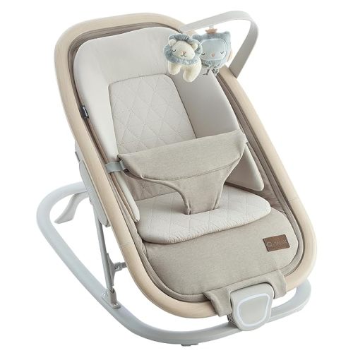 2-in-1 Baby Bouncer & Rocker,Portable Baby Bouncer Seat for Babies 0-9 Months, Baby Rocking Chair with 3 Reclining Positions,Wood Accents,Soft Newborn Insert - Beige