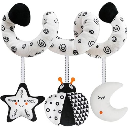 GKDOMS Baby Car Seat Toys Spiral Stroller Activity Toy Black and White High Contrast Sensory Toy Newborn Plush Hanging Toys Party Favors Baby Shower Thank You Gifts for 0-6Months Boys and Girls-Bug