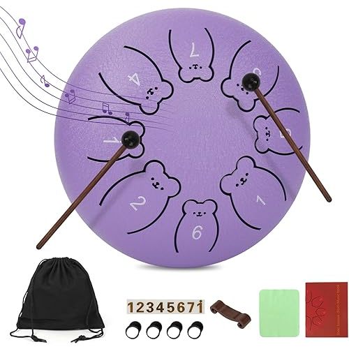 Bear Steel Tongue Drum 6 Inch 8 Notes, Rain Drum for Outside Garden, Kids Steel Drum Instrument, Meditation Percussion Kit with Mallets, Music Book and Carry Bag (Lavender Purple)