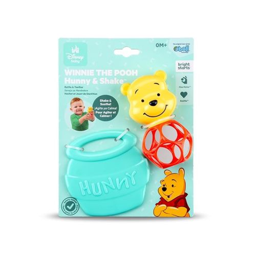 Bright Starts Disney Baby Winnie The Pooh Hunny & Shake Rattle & Teether, Stroller Toy for On The Go, Newborns & Up