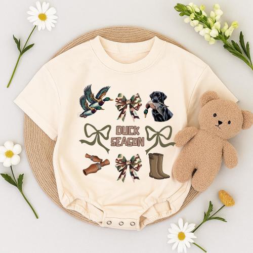 Duck Season Romper Sweatshirt, Camo Bow Baby Bodysuit, Duck Hunting Newborn Outfit, Outdoor Fall Baby Outfit, Kids Camouflage Gift