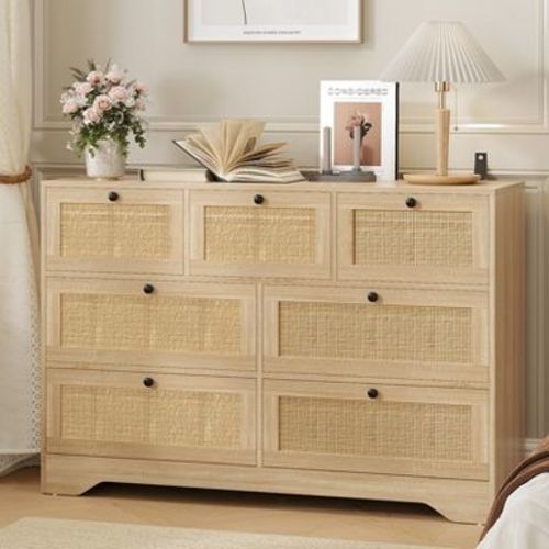 Rattan Dresser for Bedroom, 7 Drawer Double Dresser, Farmhouse Chest of Drawers, Wooden Storage Organizer for Living Room, Entryway, Hallway, Oak