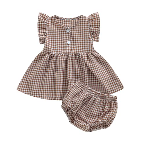 Toddler Baby Girl Clothes Plaid Ruffle Sleeveless Tops with Bloomer 2PCS | Classic turkey or croissant embroidery,square neck,plaid print,bow decor for sweet look,Very suitable as a holiday gift