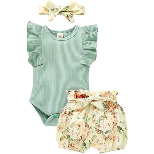 Tiny Cutey Baby Girl Clothes Infant Summer Outfits Set Ruffle Sleeve Romper and Floral Shorts with Headband