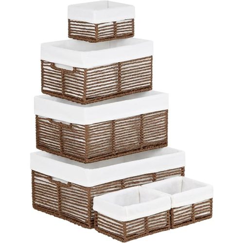 Wicker Storage Basket, 6 Pack Baskets for Organizing, Wicker Baskets with Handle, Rectangular Woven Basket for Storage Shelves, Cube Storage Bins for Closet/Clothes/Dresser, Brown