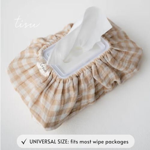 Baby Wipes Cover – Universal Size, One Size Fits All Wipes Packages | Muslin Cotton Tissue Cover for Nursery, Diaper Bag & Changing Table, Station | Gingham & Neutral Patterns (Beige Gingham)