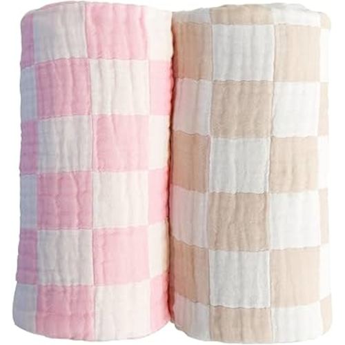 Ultra Soft Checkered Muslin Baby Blanket Pack of 2 Cotton Muslin Swaddles Blankets for Babies and Toddlers Girls Newborn 42 x 42 inches Cream and Pink