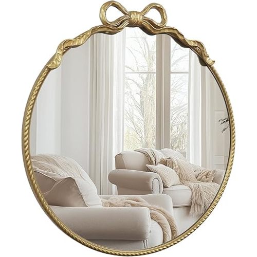 Gold Bow Metal Round Mirror -28inch Elegant Wall-Mounted Vanity Decorative Mirror for Bedroom, Bathroom, Living Room