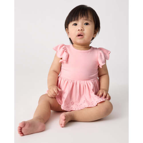 Soft Coral Puff Sleeve Eyelet Bodysuit | Little Sleepies